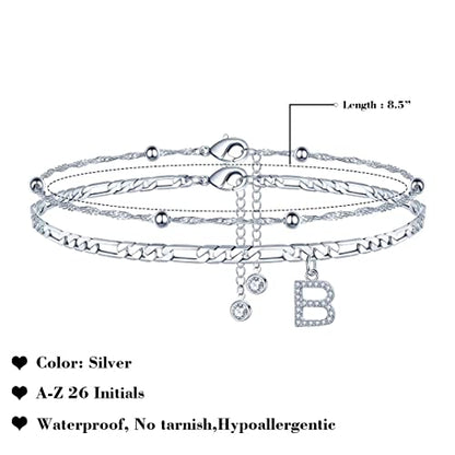 Ankle Bracelets for Women, 14K Gold Plated Dainty Layered Chain CZ Initial Anklets Summer Jewelry Gifts for Women - style: B-Silver