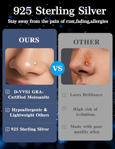6-Piece L-Shaped Moissanite Nose Stud Set, 925 Sterling Silver Nose Rings | Hypoallergenic Nose Studs Suitable for Nostril, Nasal Septum, and Nasal Cartilage Piercings; Colorfast (Unisex) - color: Silve