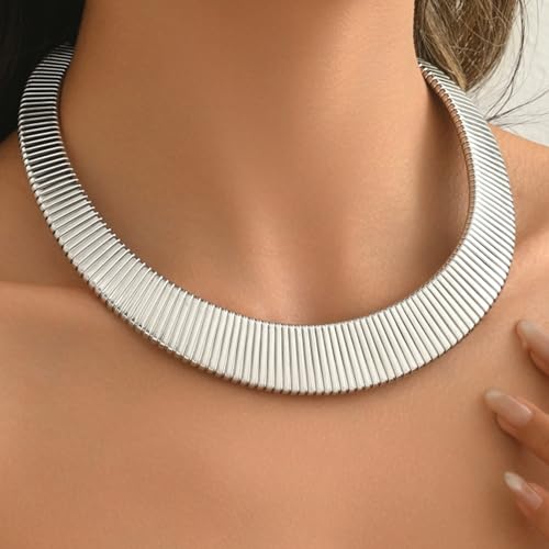 Chunky Gold Collar Choker Statement Necklace for Women Trendy | Gold Plated Layered Twist Flat Thick Snake Herringbone Chain African Torque Necklace Prom Boho Necklaces Party Jewelry Gift - style: Flat Herringbone Chain/Silver