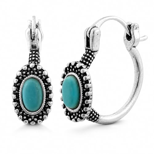 Turquoise Hoop Earrings for Women Vintage Silver Oval Turquoise Earrings Retro Boho Western Jewelry for Everyday Wear Birthday Gift