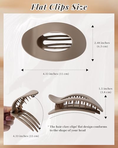 Mesovor 6 Pack Flat Hair Claw Clips, 4.33" Nonslip Round Lay Hair Clips | Strong Hold French Large Flat Hairclips for Lying Down, Yoga, Driving (Brown Matte) - color: Brown Matte