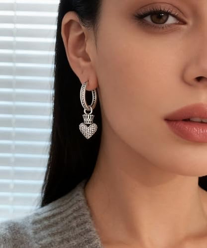 925 Silver Dangle Earrings for Women Sparkly Trendy Dainty Cute Crown Heart Cross CZ Drop Earring Fun Bling Asymmetrical 2000s Y2k Fashion Huggie Hoops Dangling Streetwear Jewelry Accessories - color: S