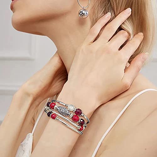 FULU AUTUMN Stackable Beaded Bracelets for Women Boho Wrap Silver Bracelet Layered Fashion Jewelry Gifts for Her - color: Red