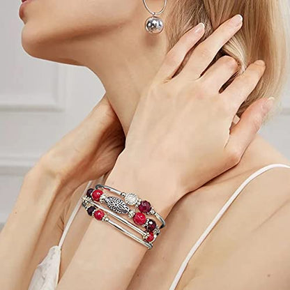 FULU AUTUMN Stackable Beaded Bracelets for Women Boho Wrap Silver Bracelet Layered Fashion Jewelry Gifts for Her - color: Red