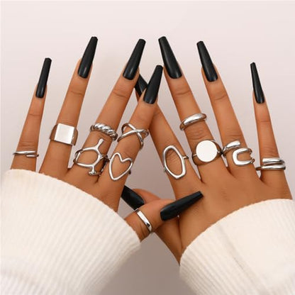 FAXHION 12PCS Gold Stackable Rings Set for Women, 18K Gold Plated Open Stacking Knuckle Ring, Adjustable Chunky Signet Band Statement Ring for Gift - color: 1-Silver-12pcs