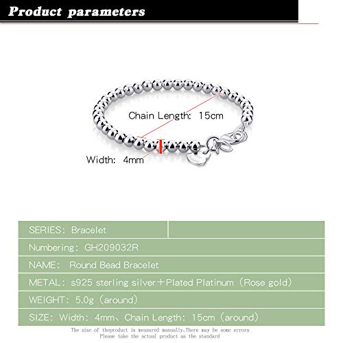 Dankadi New Women's 925 Sterling Silver Bracelet Minimalist 4-6MM Round Bead Chain Solid Silver Bracelet Charm Jewelry Lobster Claw Clasp - style: Rose gold 4mm16cm