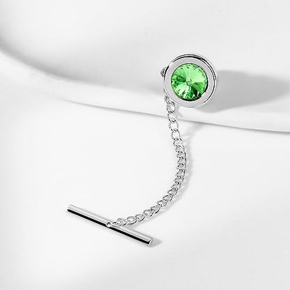 HAWSON Mens Tie Tack with Chain Round Crystal Wedding Business Accessories - color: Silver + Peridot