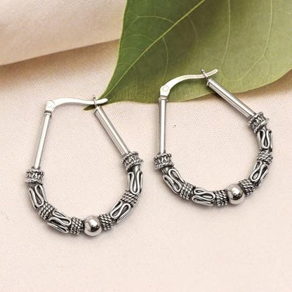 LeCalla 925 Sterling Silver Hoop Earrings for Women | Italian Design Classic Diamond-Cut Textured Hoops Earring | Women's Oval Drop Shape Silver Earring Jewelry - color: Bohemian Tribal Bali