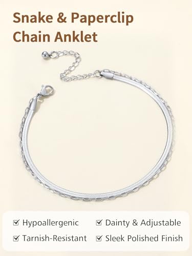 FindChic Ankle Bracelets for Women, Silver/Black/Gold Plated Layered Stainless Steel Anklets, Non-Tarnish Adjustable Waterproof Trendy Foot Jewelry for Beach Summer - style: Snake & Paperclip Chain-Silver
