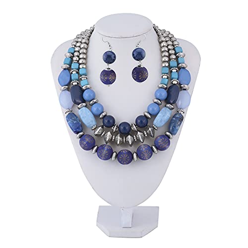 Bocar 3 Layer Chunky Statement Beaded Necklace and Earrings Set, Fashion Multi Layer Women Collar Necklace Jewelry Set - color: True Navy