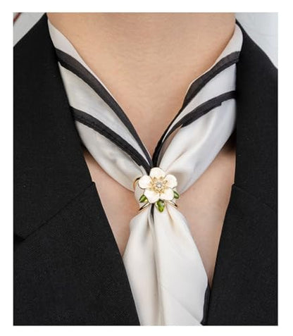 Elegant Gardenia Flower Scarf Ring for Women CZ Crystal Floral Silk Scarf Clip Scarves Buckle Shawl Brooch Statement Finger Ring Decoration Accessories for Mother
