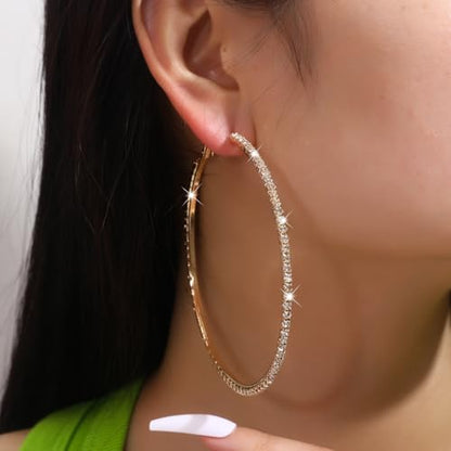 80mm Rhinestone Hoop Earrings for Women Sparkly Earrings Cubic Zirconia Circle Earring Exaggerated Prom Earring Large Rhinestones Round Hoop Earrings Silver Prom Jewelry for Party Wedding Birthday - color: Gold