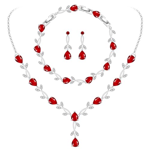 GZWHD Wedding Jewelry Sets for Bride Bridesmaid Women Cubic Zirconia Necklace Earrings Bracelet Set Gift for Mother Friend Wife Daughter Sister Party Prom Jewelry - color: Ruby
