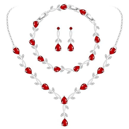 GZWHD Wedding Jewelry Sets for Bride Bridesmaid Women Cubic Zirconia Necklace Earrings Bracelet Set Gift for Mother Friend Wife Daughter Sister Party Prom Jewelry - color: Ruby