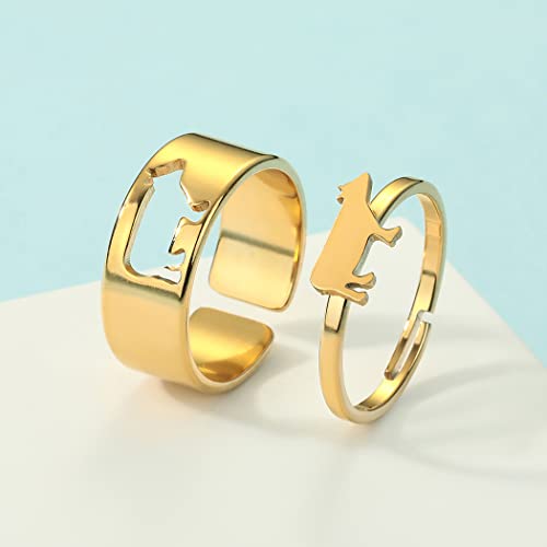 2PCS Matching Cute Animals Promise Engagement Rings for Couples Men Women Jewelry Band Sets 316L Stainless Steel Adjustable Open Ring - color: Cow-g