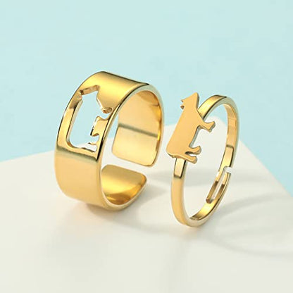 2PCS Matching Cute Animals Promise Engagement Rings for Couples Men Women Jewelry Band Sets 316L Stainless Steel Adjustable Open Ring - color: Cow-g