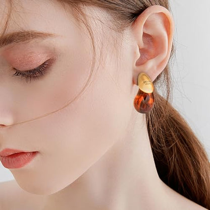 18k Gold Plated Teardrop Earrings, sterling silver post chunky resin and copper drop stud earrings, Hypoallergenic Earrings Jewelry Gift - color: Tan
