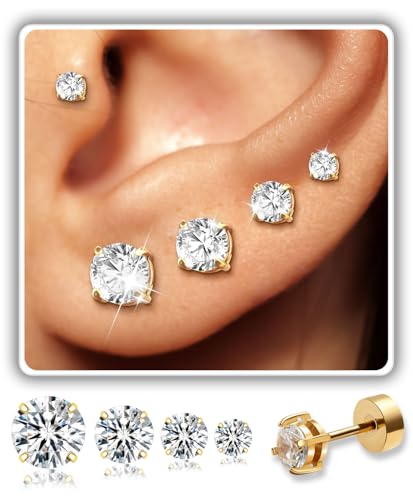 4 Pairs 14K Gold Plated CZ Flat Back Stud Earrings, 3-6mm | 3/4/5/6mm round CZ flat back studs in 14K gold plated 316L surgical steel for lobe, helix and ear stacks. - style: Gold-B-2
