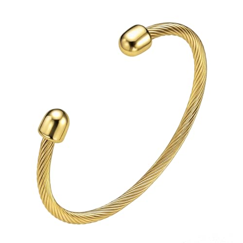 Dainty Stainless Steel Twisted Cable Wire Bracelets for Women Men 14K Plated Adjustable Open Cuff Bangle Bracelet Vintage Jewelry Gift for Anniversary, Valentine's Day, Birthday - color: Gold