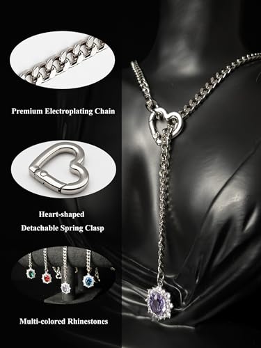 Women's Heart O-Ring Slip Chain Necklace, Double Layered Adjustable 39'' Cuban Chain with Detachable Heart Clasp and Colorful Rhinestone Pendant - color: 25'' Silver-Amethyst Purple