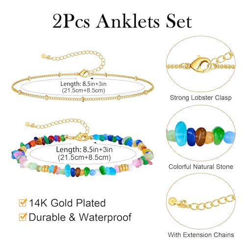 Ankle Bracelet for Women Natural Stone Colorful Beaded Boho Layered Anklet 14K Gold Plated Adjustable Beads Chain 2Pcs Anklets Set Handmade Summer Beach Jewelry - color: Irregular Chips
