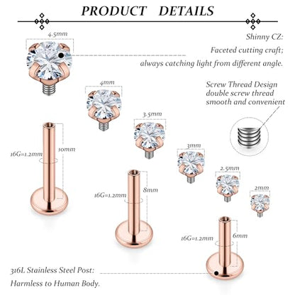 16G Lip Rings Stainless Steel Tragus Helix Conch Piercing Jewelry Snake Bite Piercing Monroe Lip Rings Labret Medusa Cartilage Lobe Earrings Piercing Jewelry CZ 2MM 2.5MM 3MM 3.5MM 4MM 4.5MM - color: 6MM 8MM 10MM Bar-Rose Gold,2mm/2.5mm/3mm/3.5mm/4mm/4.5m