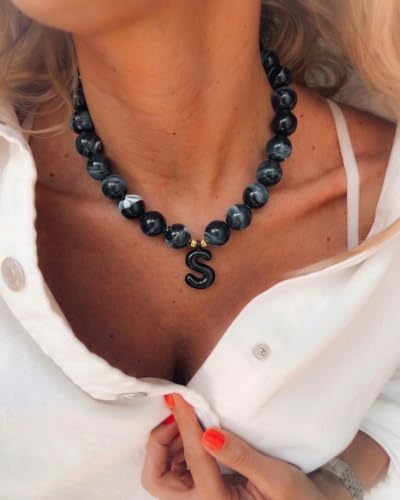 DoDoBeads Chunky Colorful Beaded Initial Necklace, Bubble Letter Choker | Gift box and dust pouch included; waterproof and sweat-resistant with real gold plated stainless steel hardware - color: Black-D