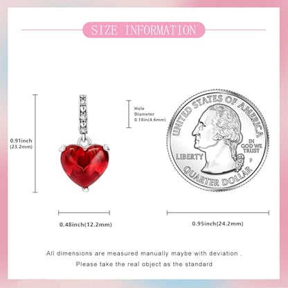 S925 Sterling Silver Cute Bead Charm for Pandora Bracelets and Necklaces | Lucky Clover Cute Animal Pink Bow Cherry Butterfly Pendant Bead Charms Jewelry Making Gifts for Women Valentines Mother's Day - style: Red Romantic Heart Charm