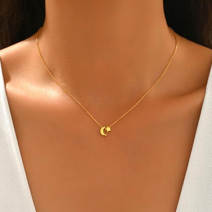 925 Sterling Silver Dainty Moon Star Necklace For Womem | 14k Gold Plated Charm Crescent Moon and Star Pendant Choker Necklaces to Daughter Mother Jewelry Gift for Birthday Wedding - color: Gold