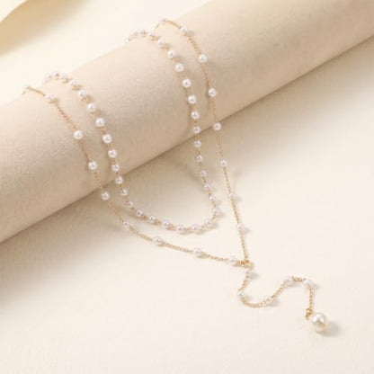 Amaxiu Layered Pearl Necklaces for Women, Y Shape Pearls Necklace for Women | Dainty Layered Faux Pearl Drop Chain Choker, Trendy Dainty Gold Pearls, Layering Necklace Jewelry Gift for Her