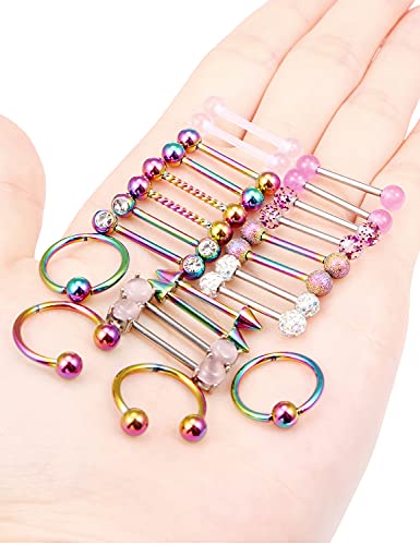 Oufksiyy 12 Pairs Nipple Rings Surgical Stainless Steel Hypoallergenic Nipple Piercing Jewelry 14G Nipple Barbells Hoops Tongue Rings for Women Men 14mm 14 Gauge Niple Tongue Jewelry
