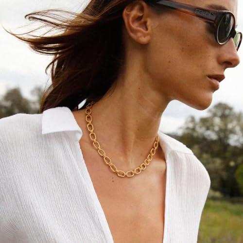 Aobei Pearl 18K Gold Plated Paperclip Chain Choker Satellite Chain Freshwater Cultured Biwa Pearl Pendant Necklace Dainty Turquoise Jewelry for Women - color: Chunky Oval Chain