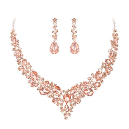 Women's Wedding Statement Necklace Dangle Earring Jewelry | Austrian Crystal Teardrop Cluster,Necklaces Earrings Set for Bride Bridesmaid,Prom Accessories - color: 05-Peach Rose-Gold-Plated-Base