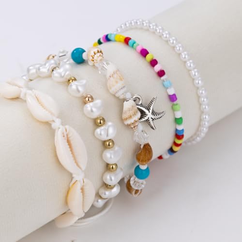 Beaded Anklet Bracelets For Women Waterproof Gold Anklets Jewelry Set Stack | non tarnish free pearl puka seashell beach boho stretchy anklet for summer dainty and tewiky gold plated - color: Colorful Beads