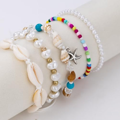 Beaded Anklet Bracelets For Women Waterproof Gold Anklets Jewelry Set Stack | non tarnish free pearl puka seashell beach boho stretchy anklet for summer dainty and tewiky gold plated - color: Colorful Beads