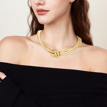 Chunky Gold Choker Necklace for Women, 14K Gold Plated Snake Chain Statement Necklace Triple Twsited Layered Choker Necklaces Jewelry Gifts - style: Knot choker