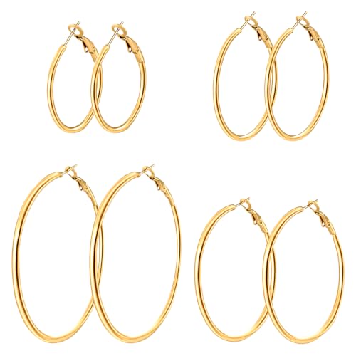4/6 Pairs 14K Gold Plated Silver Hoop Earrings Set for Women Hypoallergenic | 30 40 50 60 mm, Lightweight Thin Hoops, 316L Surgical Stainless Steel for Sensitive Ears, Everyday Wear to Evening Outfits - color: 4 Pairs(30/40/50/60mm)-Gold