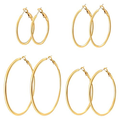 4/6 Pairs 14K Gold Plated Silver Hoop Earrings Set for Women Hypoallergenic | 30 40 50 60 mm, Lightweight Thin Hoops, 316L Surgical Stainless Steel for Sensitive Ears, Everyday Wear to Evening Outfits - color: 4 Pairs(30/40/50/60mm)-Gold