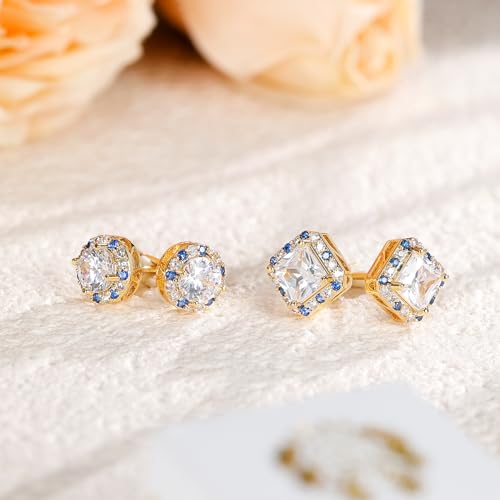 Titanium Stud for Sensitive Ears, Gold Plated Halo Cubic Zirconia Earrings - color: Round & Square Yellow Stud