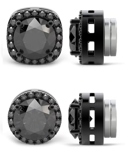 Magnetic Earrings for Men 5A Cubic Zirconia Stainless Steel Clip On Earring | 2 Pairs Fake Earrings Non Pierced Magnet Nose Stud Piercings for Women, 5/6/7/8MM Simulated Diamond, Gold/Silver/Black Color - color: Black-Style One-6mm