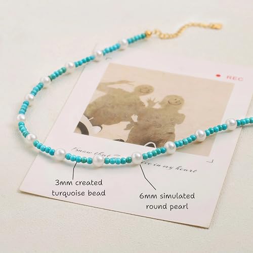 PEARLADA Turquoise Beaded Choker Necklace Chakra Stone Necklace Adjustable - color: Turquoise Beads 3mm