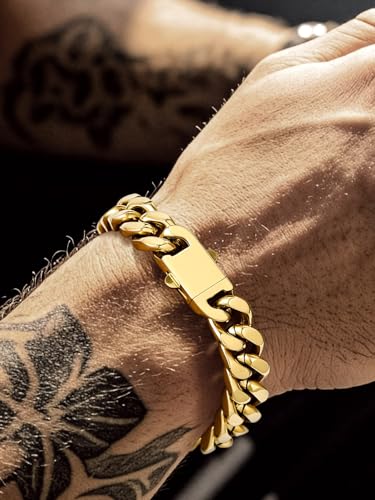 Bandmax Mens Hip Hop Cuban Link Bracelets 5/7/9/12MM Stainless Steel Miami Curb Chain Bracelet Silver/Gold Plated/Black Wristlet Chains for Men 7"-9" - color: 12 12MM-Gold