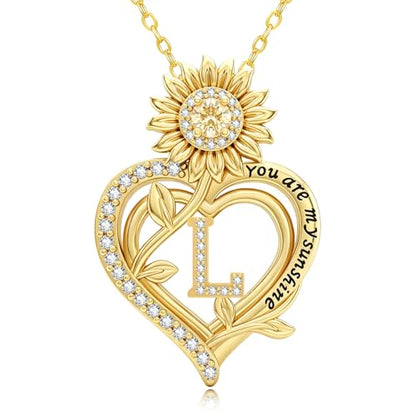 14K Gold Sunflower Initial Necklaces for Women | Heart Letter Pendant You Are My Sunshine Jewelry Gifts - style: L