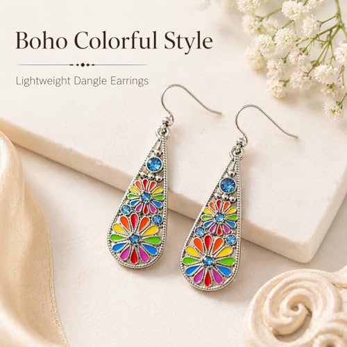 Bohemian Crystal Teardrop Dangle Earrings, Copper, Tribal Geometric Design, Handmade National Style for Women - color: Rainbow