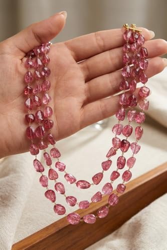 Triple Strand Pink Crackle Bead Necklace for Women Layered Statement Jewelry with Gold Tone Clasp Elegant Necklace