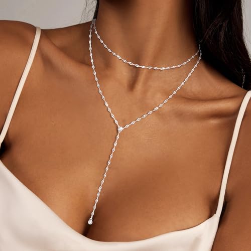 Luxval Lariat Gold Necklace for Women, Dainty Long Necklace 14k Gold Plated/Silver Y-Shaped Pendant Necklaces Trendy Beaded Chain Drop Necklaces Jewelry for Women Gifts - color: Silver-wave cz