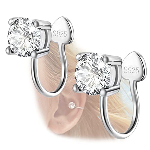 Cubic Zirconia Ear Cuffs - Sterling Silver Hypoallergenic Non-Piercing Cartilage Earrings CZ Clip on Earrings Round Crystal Stud Earrings for Women Girls 6mm - color: Silver
