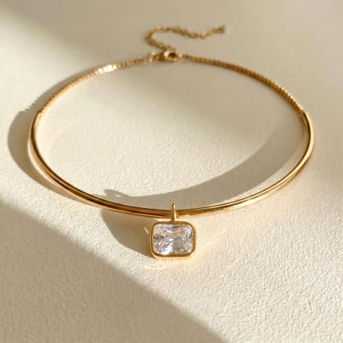 Gold Choker Necklace Dainty 14K Gold Plated Collar Necklace with Cubic Zircon Pendant Necklaces Fashion Minimalist Summer Crystal Collar Necklaces Boho Jewelry - style: CZ Rectangle