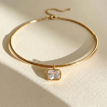Gold Choker Necklace Dainty 14K Gold Plated Collar Necklace with Cubic Zircon Pendant Necklaces Fashion Minimalist Summer Crystal Collar Necklaces Boho Jewelry - style: CZ Rectangle