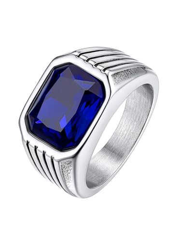 Bestyle Chunky Signet Ring for Men, Stainless Steel/Black Ring Synthetic Gemstone Band Ring Biker Ring for Men, Thumb Pinky Ring Mens Fashion Ring Jewelry Size 7-14, Gift Package - color: 3.blue sapphire-silver